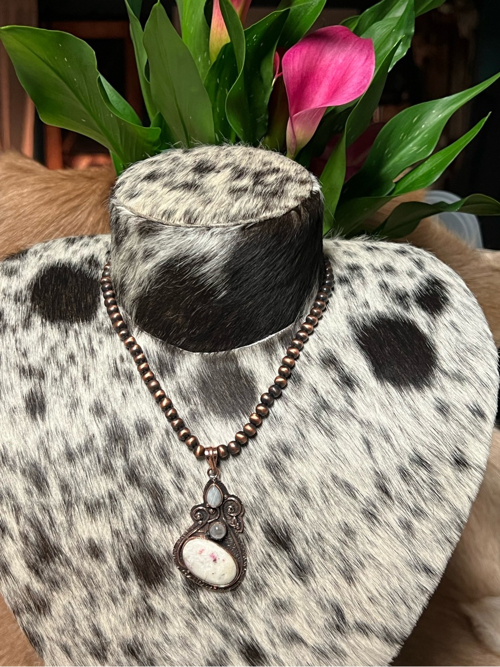 Copper Bead Necklace with Cinnabar and moonstone copper pendant